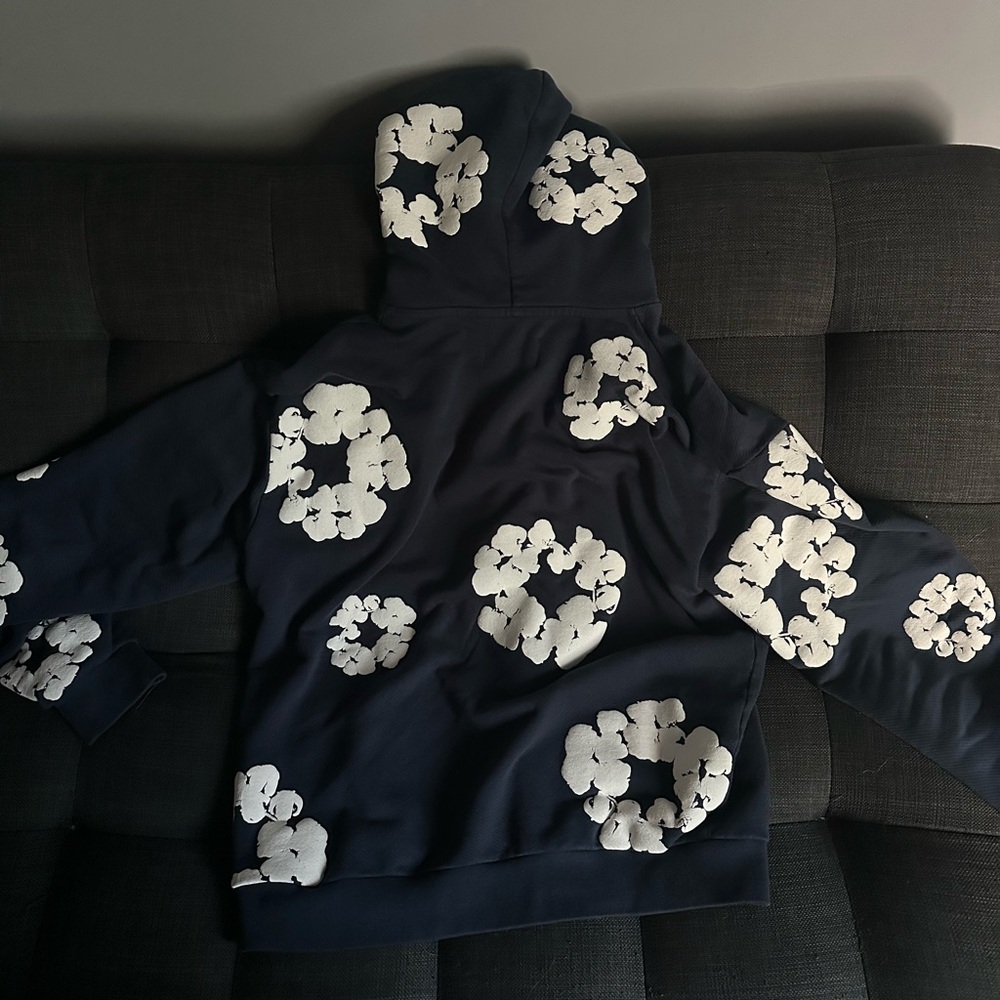 Navy denim tear hoodie with White Floral Design